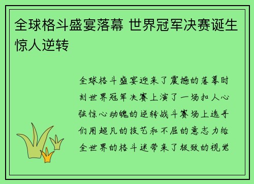 全球格斗盛宴落幕 世界冠军决赛诞生惊人逆转