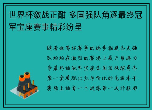 世界杯激战正酣 多国强队角逐最终冠军宝座赛事精彩纷呈